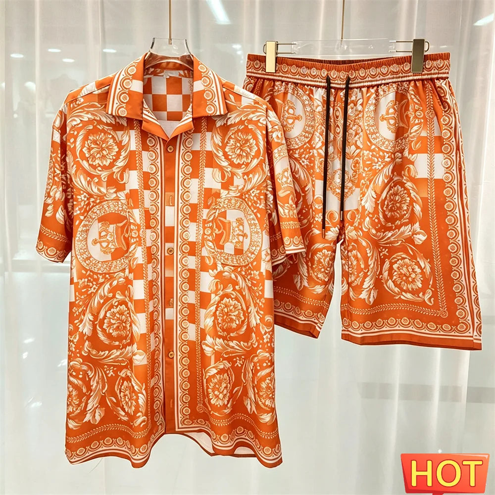 Gradient Leisure vacation two-piece set Summer mens shirt set men's matching sets menswear clothing Two piece shorts shirt sets