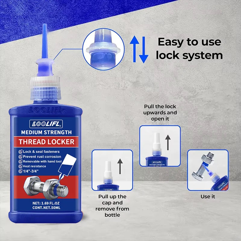 LOOLIFL Blue Thread Locker 243 Nuts-Bolts Locker, Screw Adhesive Lock Tight Seal Fasteners Anaerobic Curing Metal Glue,Rustproof