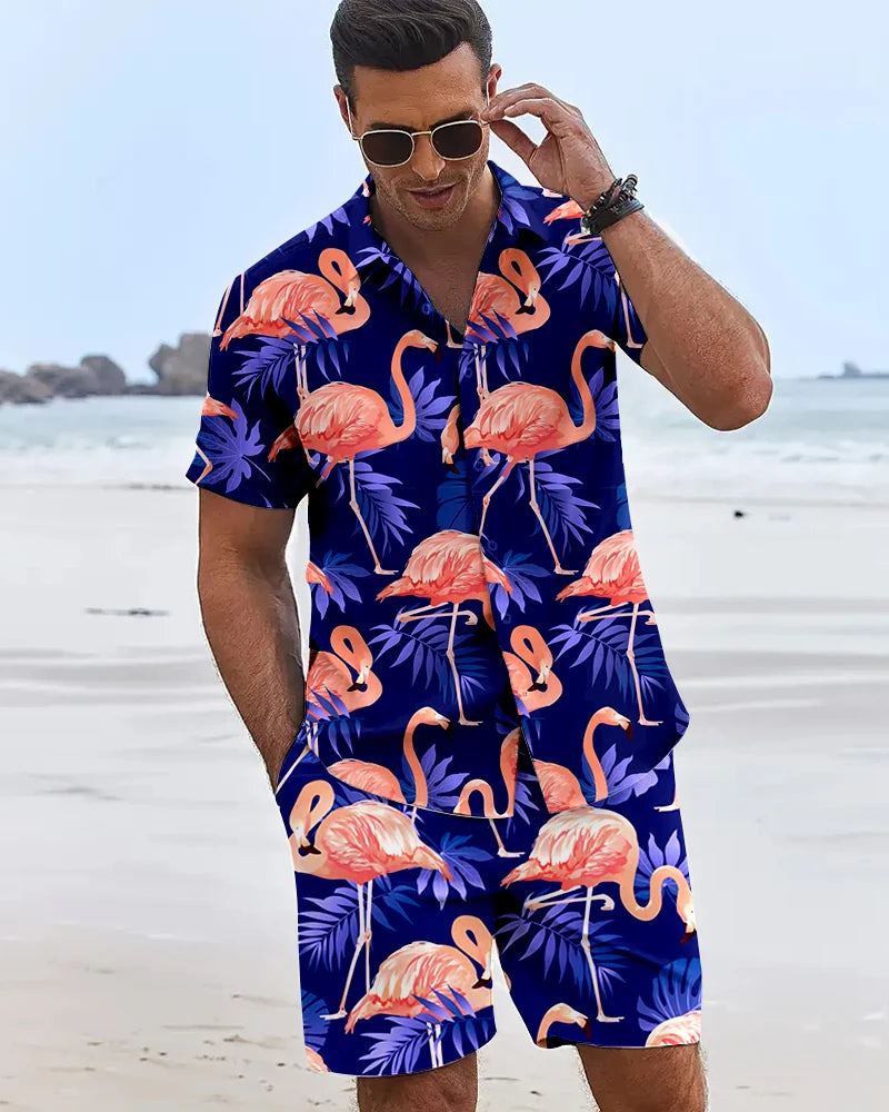 Funny 3D Flamingo Printed Men's Shirts Hawaiian Beach Vacation Short Sleeve Shorts 2 Piece Summer Hip Hop Trend Fashion Men Sets
