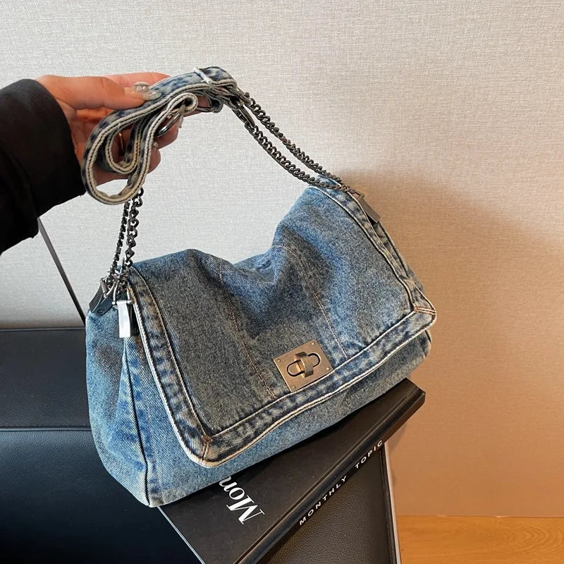 Retro Casual Denim Women's Bag New Senior Chain Shoulder Bag Large Capacity Commuter Tote Bag