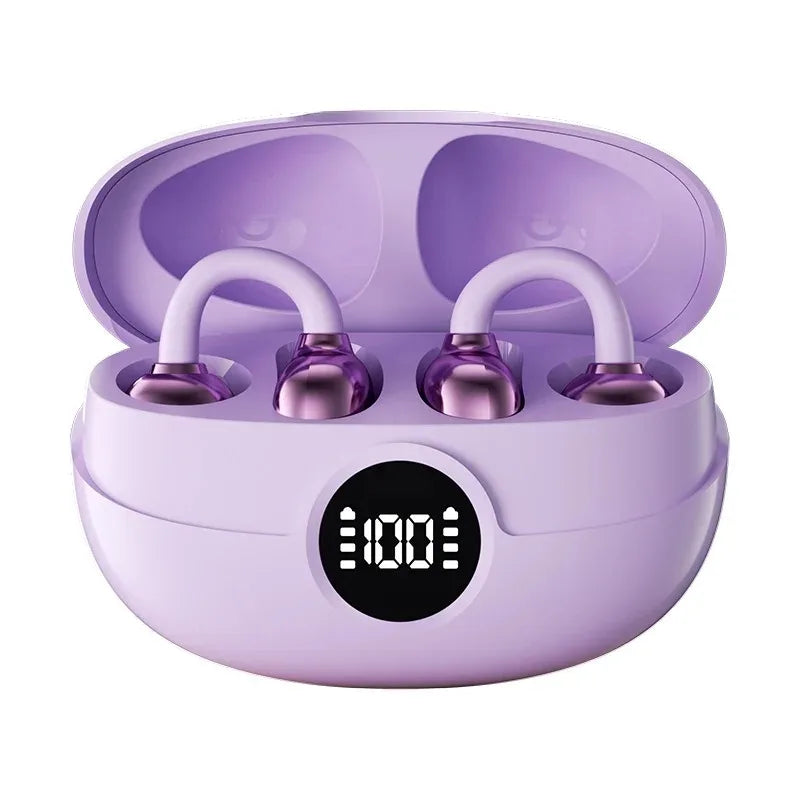 Wireless Clip-On Earbuds with Digital Power Display HiFi Sound Noise Cancelling Headphones Long Battery Life Built-in Microphone