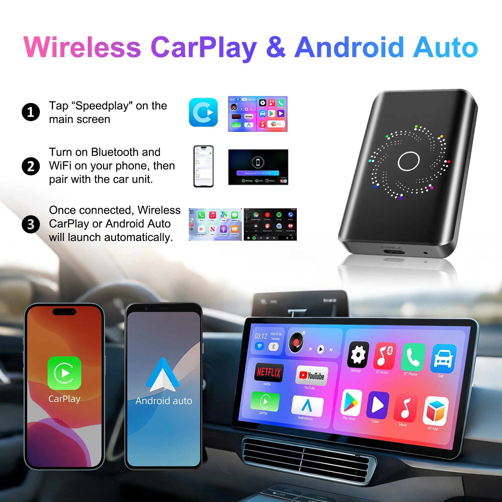 CarPlay Android AI Box 3 in 1 Android 14 Quad Core 2+16/4+32GB Wireless CarPlay Android Auto HDMI Output OTA Upgrade Play Store
