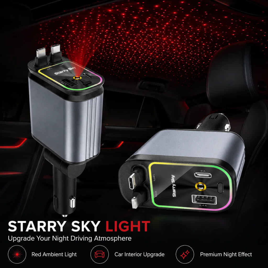 120W 4 in 1 Retractable Car Charger USB C Lightning Cable Starry Sky Ambient Light Fast Charging Adapter with USB-A USB-C Ports