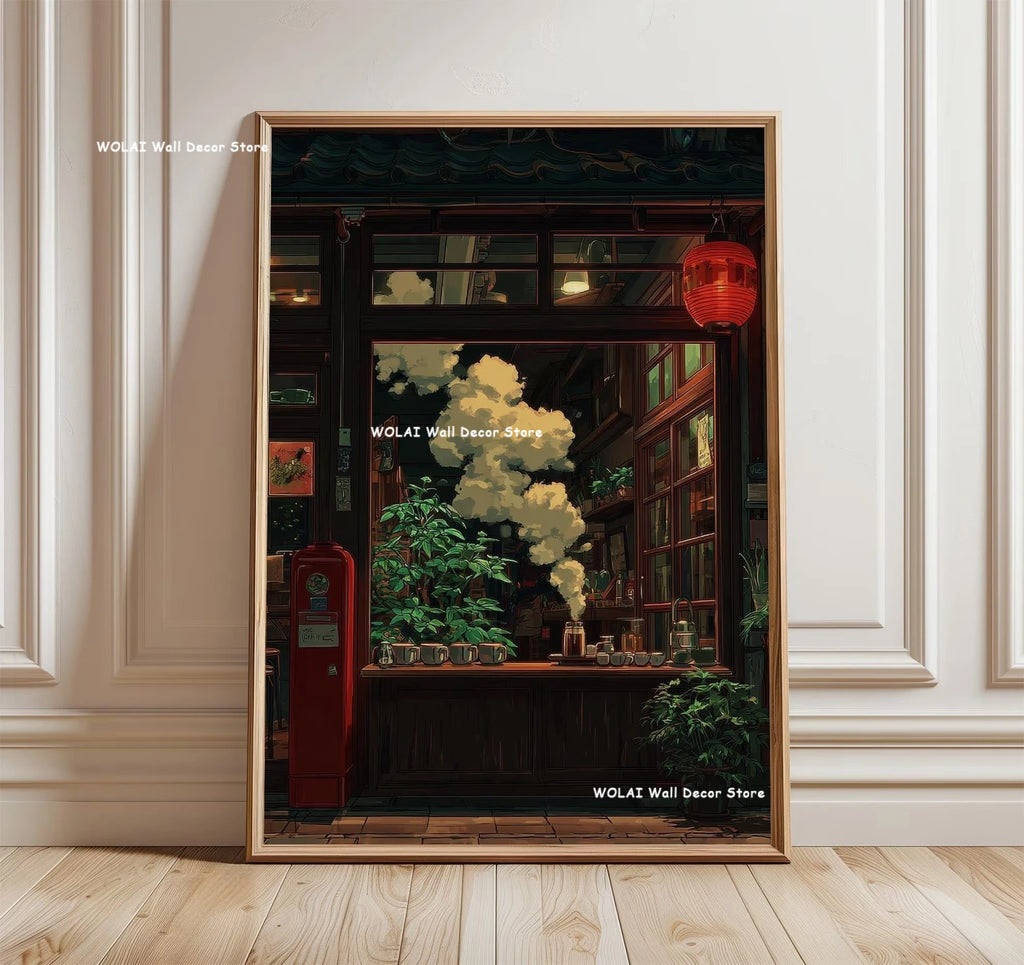 Anime Cafe Shop and Bicycle Canvas Poster Ghibli Work Anime Style Street Cafe Scene Wall Art Printing for Living Room Home Decor