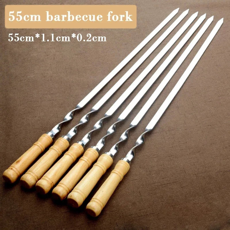 55cm Stainless Steel BBQ Skewers 6pcs/set Long Handle Shish Kebab Barbecue Sticks Wood BBQ Fork Outdoor Grill Needle Bags