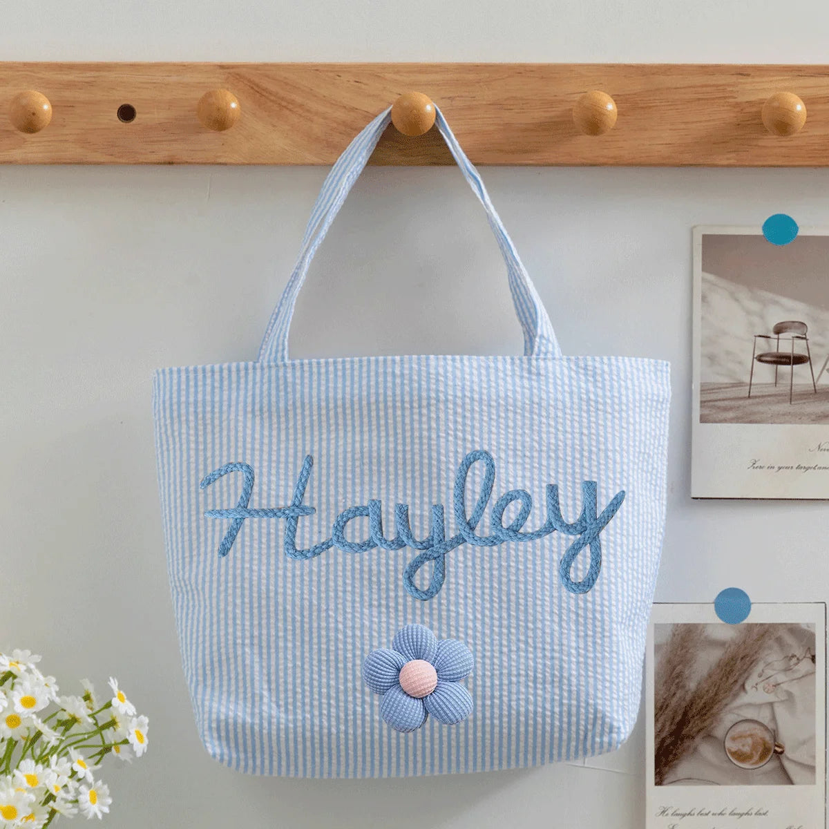 Custom Seersucker Cosmetic Handbag and Travel Organizer — Personalized Chenille Letter Toiletry Bag and Summer Beach Tote