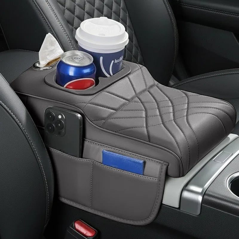High-Low Style Car Armrest Box Cushion-An Armrest Cover with 2Side Pockets,2Cup Holders and 1 Tissue Box.Suitable for Most Cars