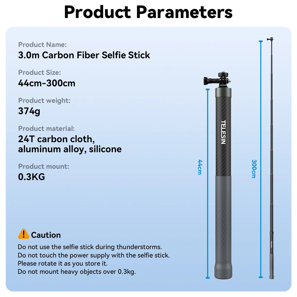 TELESIN 1.2M 3M Carbon Fiber Selfie Stick Monopod Extendable With 1/4 Screw For GoPro Insta360 Osmo Action DJI Action Camera