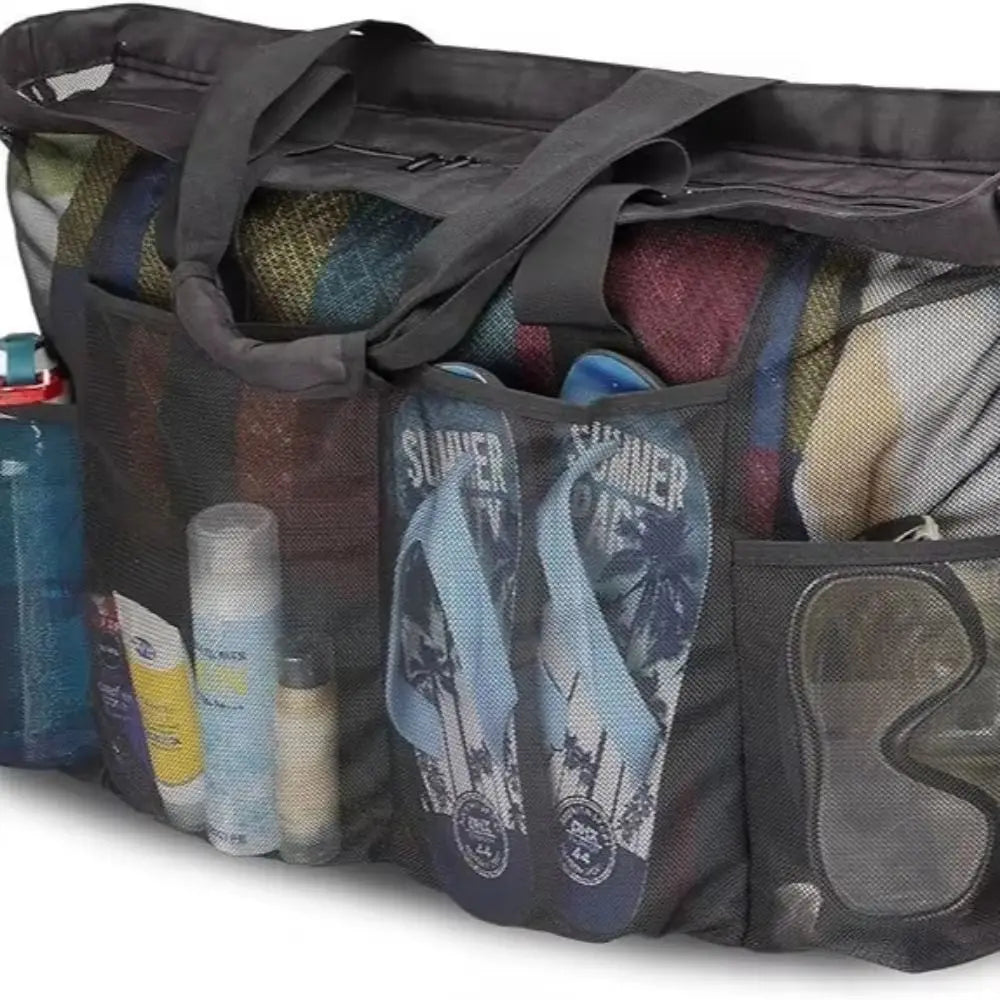 Large-Capacity Mesh Beach Handbag Drawstring Lightweight Beach Toy Baskets with Handle Snaps Portable Bath Storage Bag Towel