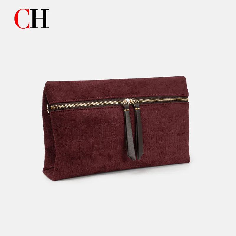 CH Crossbody Bag Women Embossed Suede Shoulder Bag Double Zipper Clutch Purse Vintage Daily Evening Handbag Bolsos Mujer