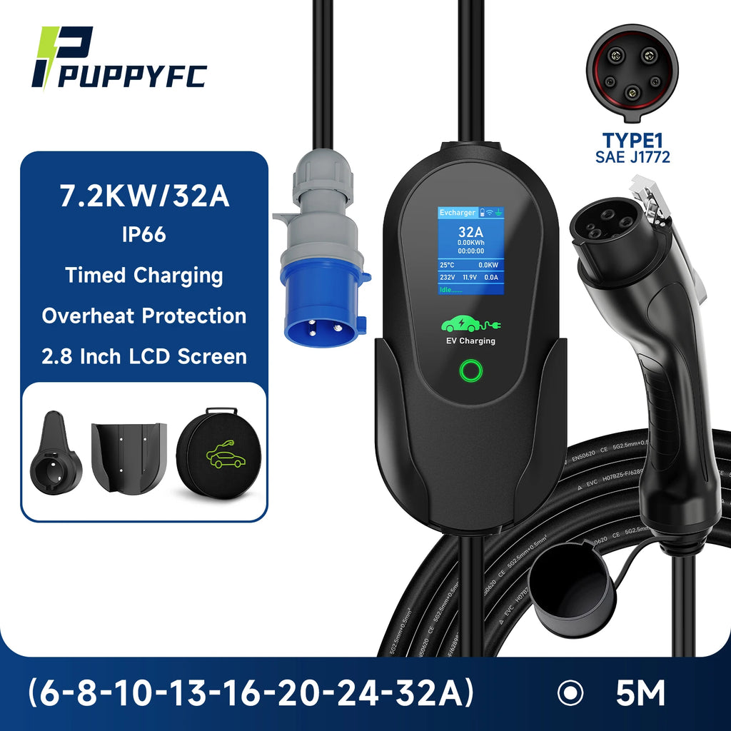 Puppyfc 7.2KW Portable EV Charger 32A Type1/Type 2Fast Home Electric Car Charging Station WiFi Control IP66 Waterproof Overload