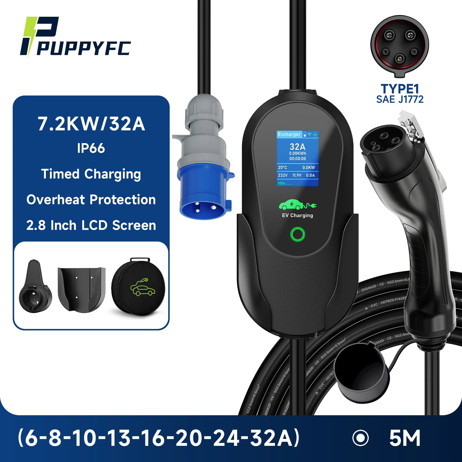 Puppyfc 7.2KW Portable EV Charger 32A Type1/Type 2Fast Home Electric Car Charging Station WiFi Control IP66 Waterproof Overload
