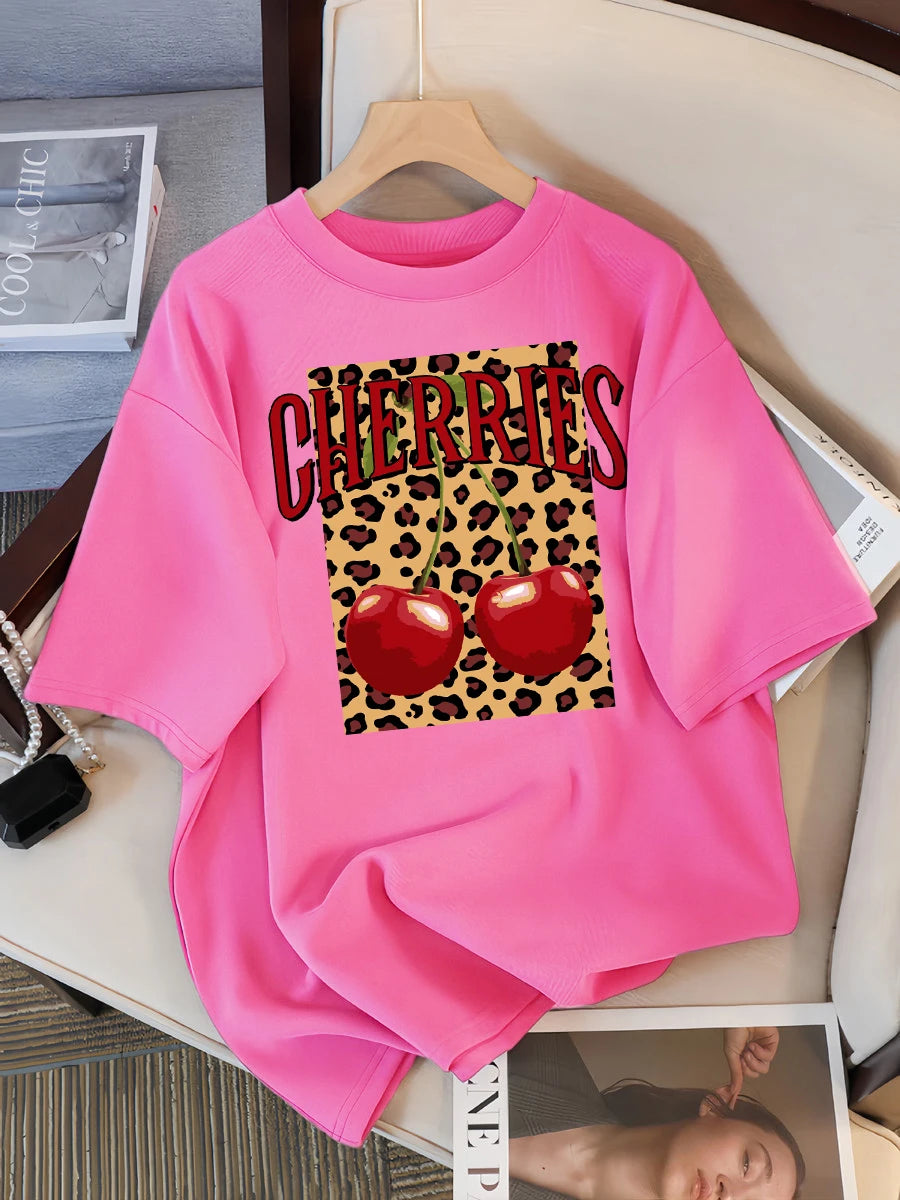Plus Size Leopard Cherry Creative Design Womens Tee Shirts Casual T Shirt Summer O-Neck Streetwear Soft Oversized Short Sleeve