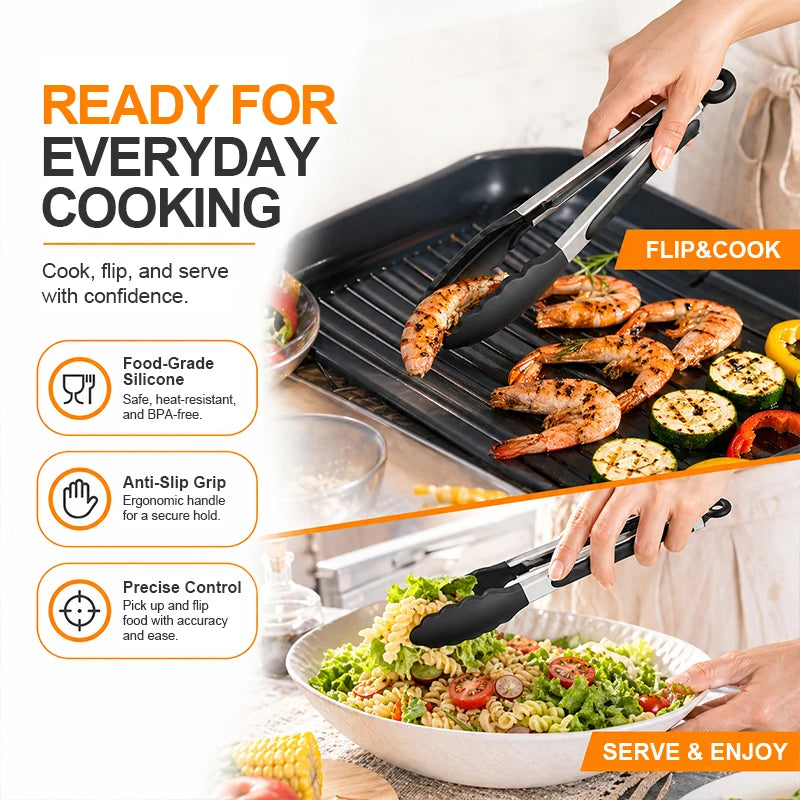 8 Inch Silicone Kitchen Tongs Heat Resistant BPA-Free Stainless Steel BBQ Grill Food Tongs Anti-Slip Cooking Clip for Steak