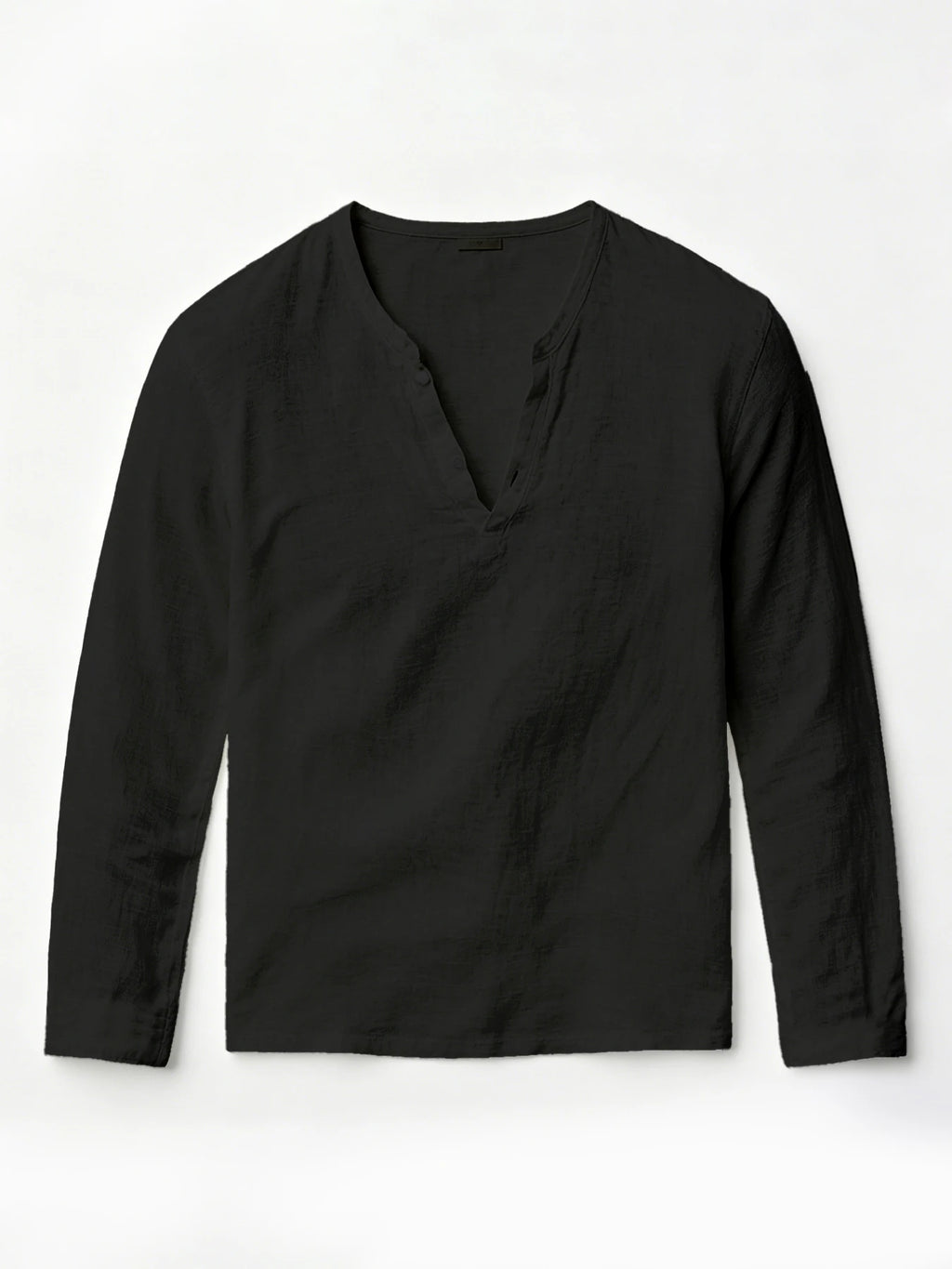 Men Textured Henley V Neck Linen Blend Long Sleeve Casual Shirts