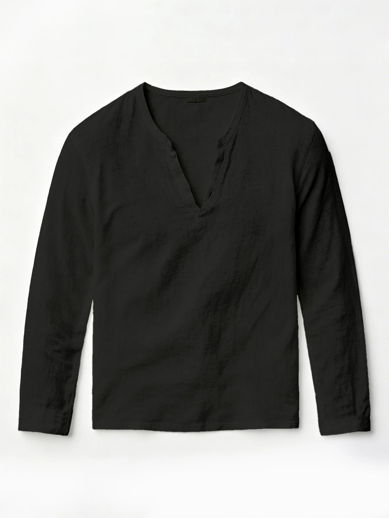 Men Textured Henley V Neck Linen Blend Long Sleeve Casual Shirts