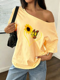 100% Cotton Plus Size Sunflower Butterfly Print Shoulder Loose Print T-Shirt Oversized Y2K Style Graphic Tees Women Tops Summ