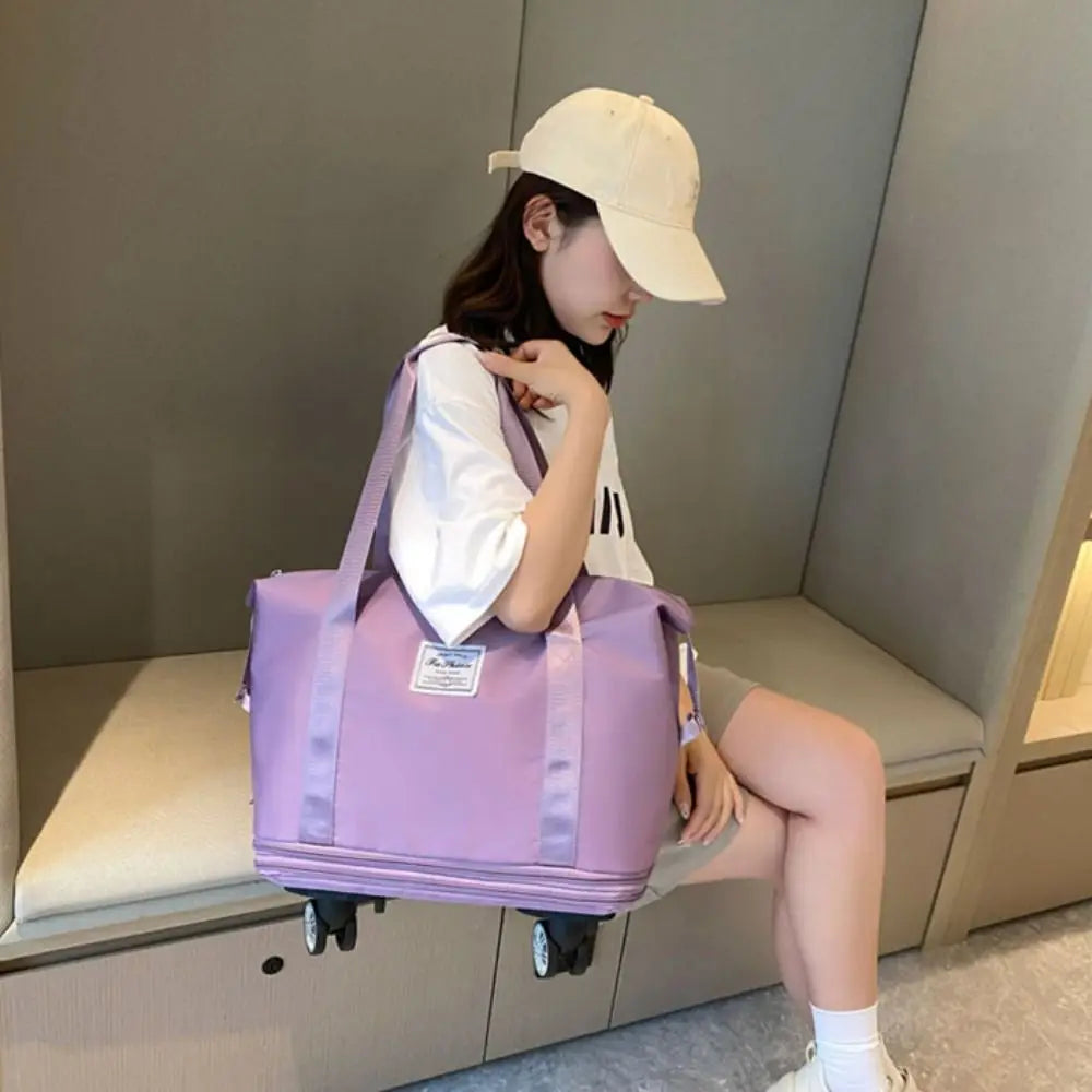Oxford Cloth Gym Bag with Wheels Sport Portable Collapsible Travel Tote Bag Dry-Wet Separation Expandable Luggage Storage Bag