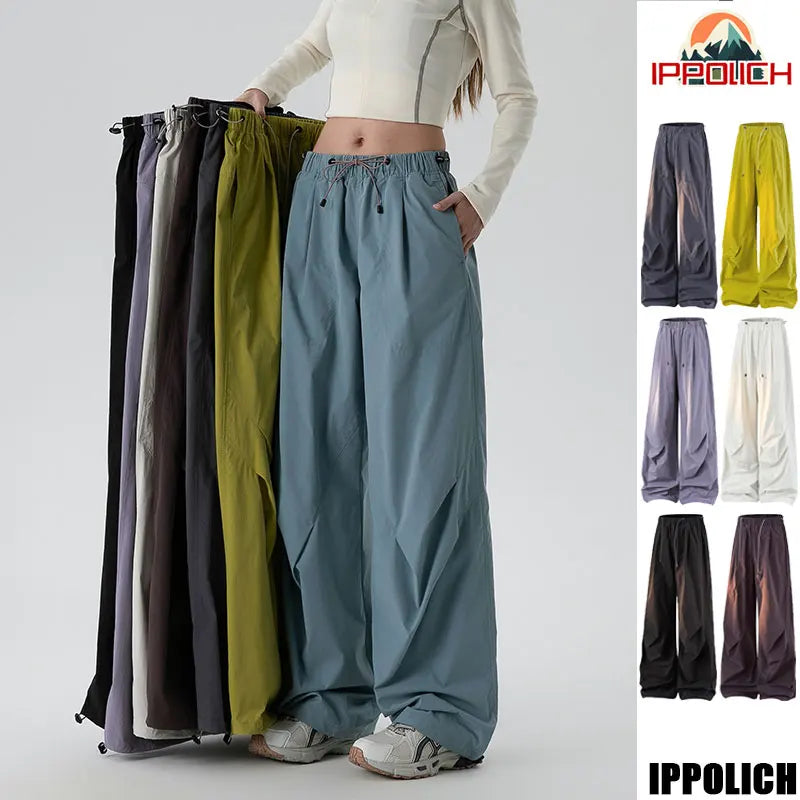 Women's Spring Autumn Loose Hiking Pants American Lazy Casual Parachute Embroidery Sweatpants Women Camping Pleated Overalls