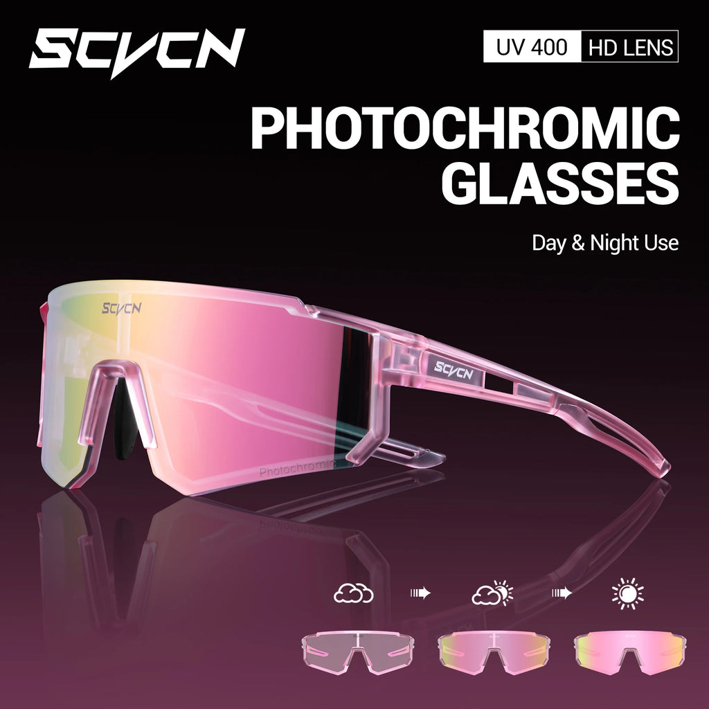 SCVCN UV400 HD Photochromic Hiking Glasses Sports Sunglasses Outdoor Road Fashion Cycling Glasses Windproof MTB Bike Sunglasses