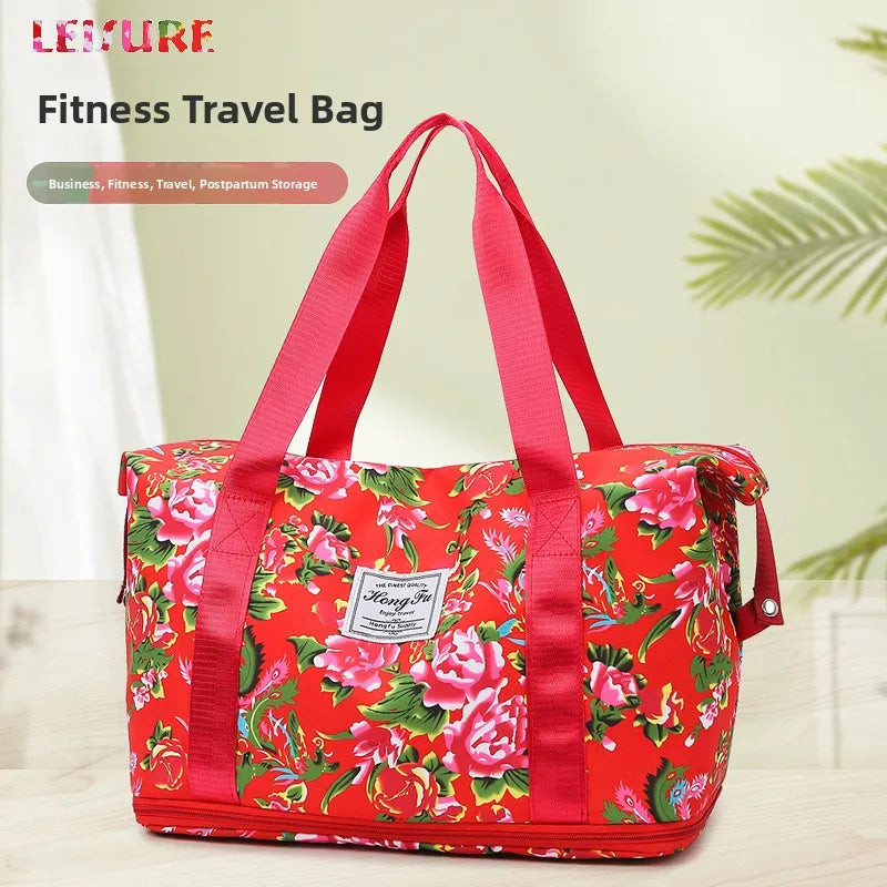 Travel Bag Northeast Big Flower Simple Business Trip Shoulder Bag Fitness Sports Storage Bag Expandable Unisex Oxford Cloth