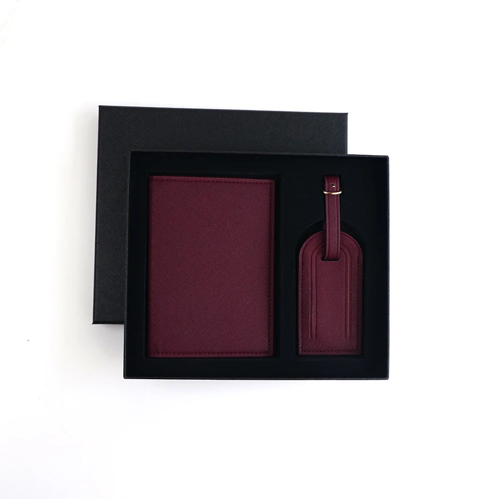 Customized name set, unisex Safiano PU leather passport holder and luggage tag gift box