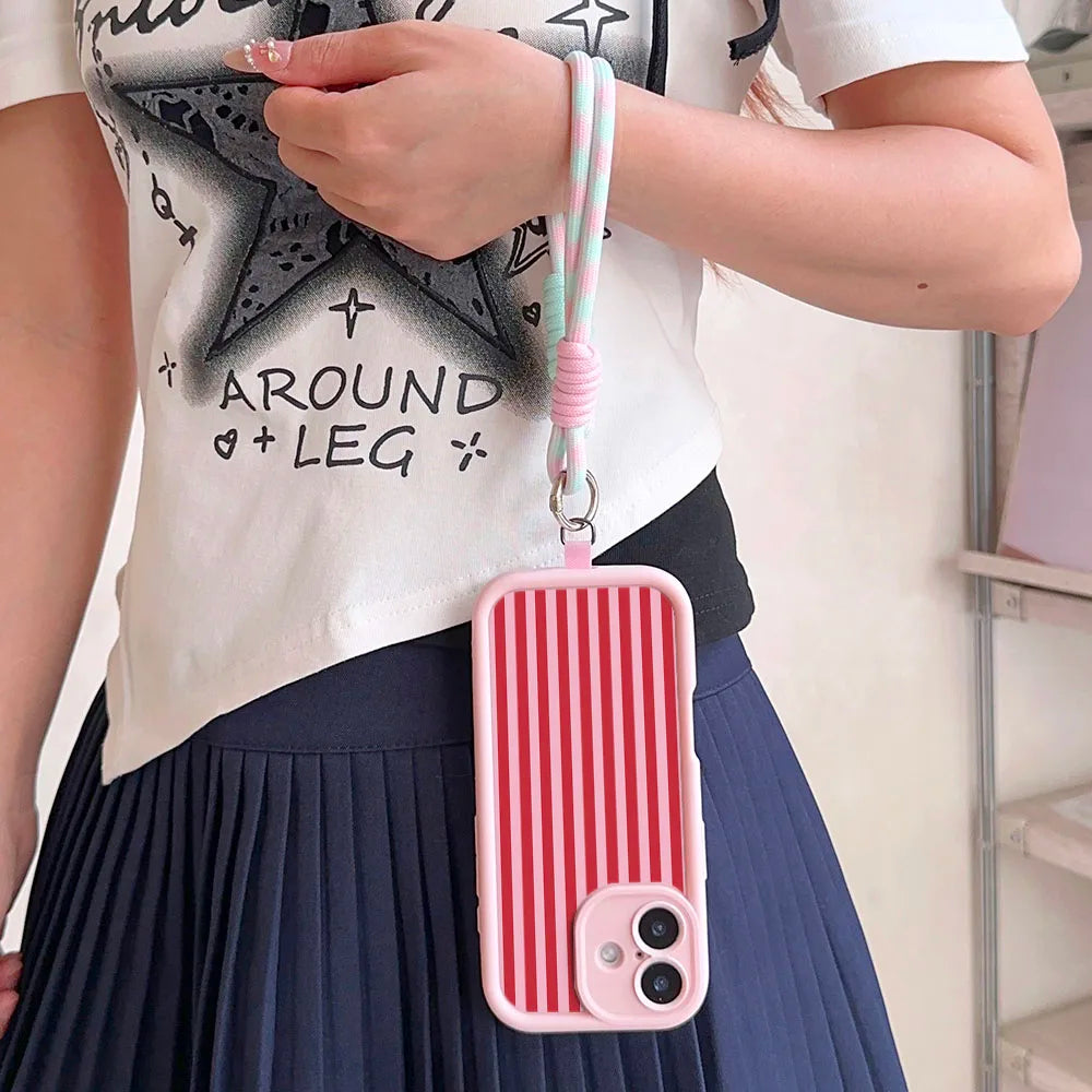 Lanyard Phone Case For Redmi Note 15 14 13 12 11 10 9 8 7 Pro Plus 14s 13C 12C 14C 9T 10C Stripe Pattern Wrist Chain Strap Cover