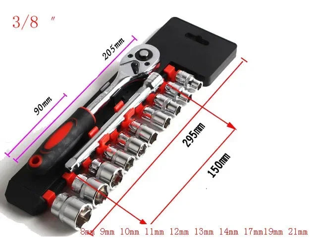 12 Piece Ratchet Socket Wrench Set, 1/4 3/8 1/2 Inch, Multifunctional Socket Wrench, Car and Motorcycle Repair Tool Set