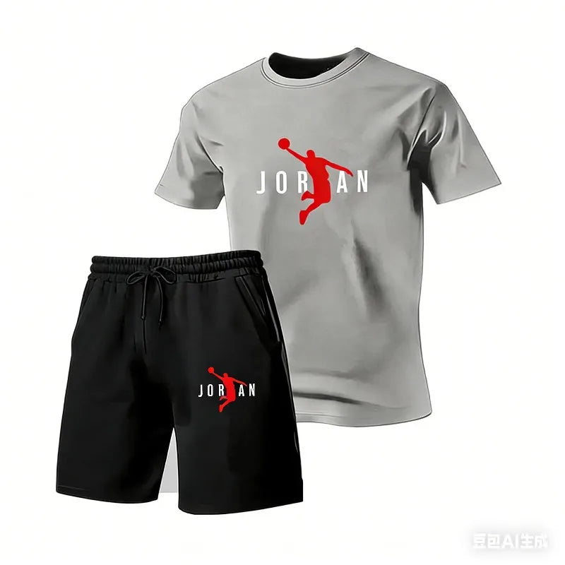 2026 New Jordan Style Men's 2 Piece Set Summer Black Short Sleeve T Shirt Shorts Casual Sports Tracksuits Plus Size S-4XL