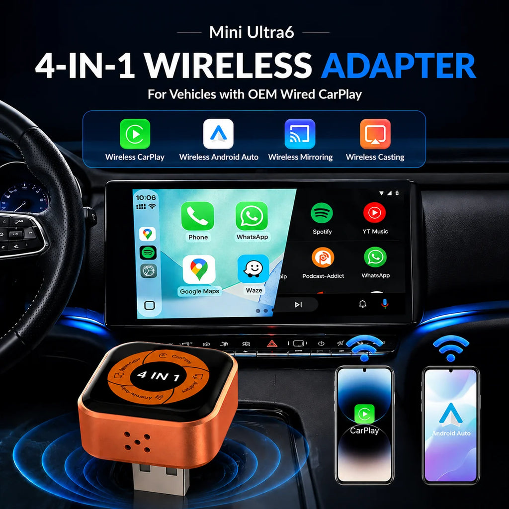New 4-in-1 Wireless CarPlay Mini Ultra 6 Android Auto Dongle Screen Mirroring MiraCast AirPlay BT WiFi Seamless Connection OTA