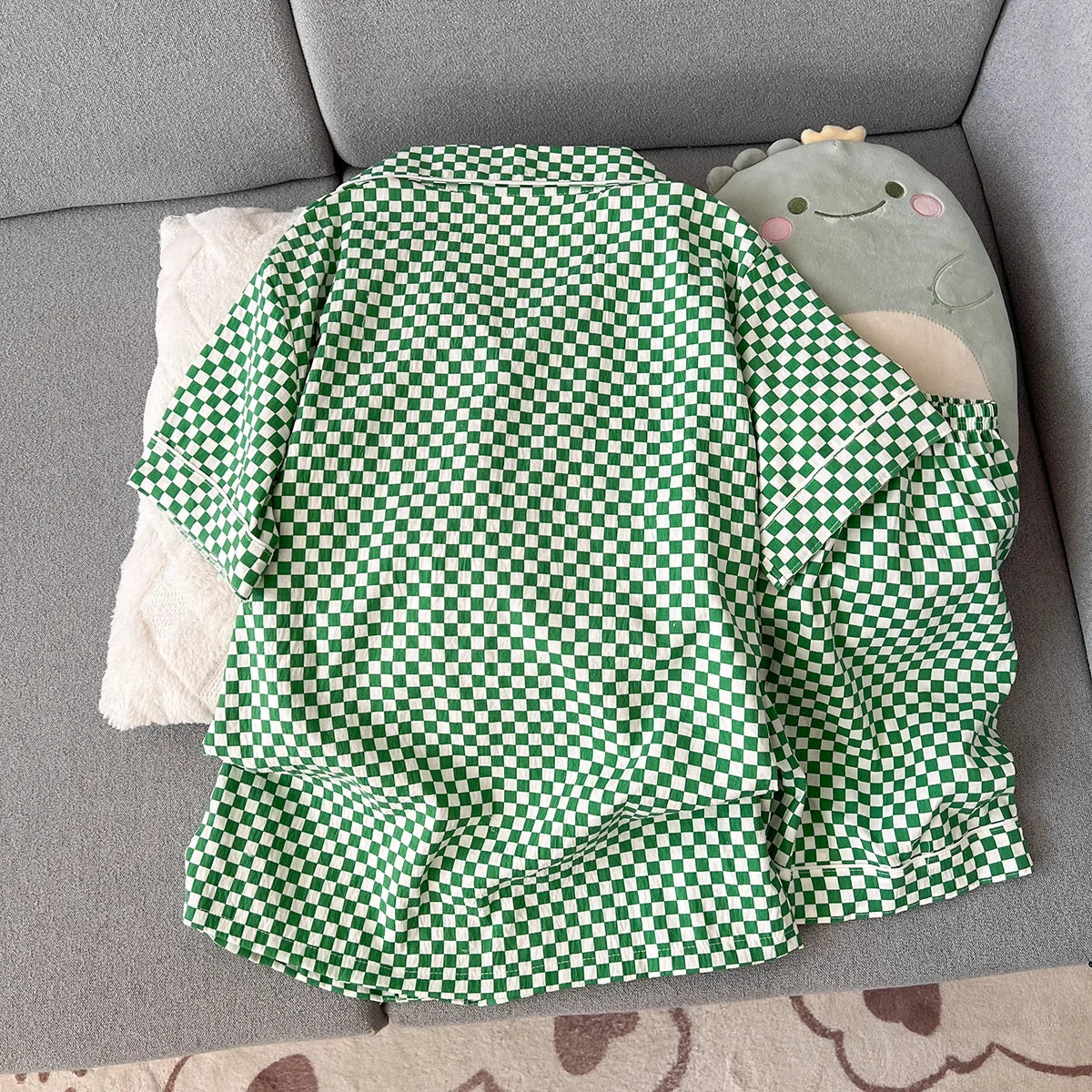 Women's Summer Pajamas, Thin Plaid Pattern Short-Sleeved Shorts, Sweet and Cute, Can Be Worn Outside in Summer, Two-Piece Home Wear Set