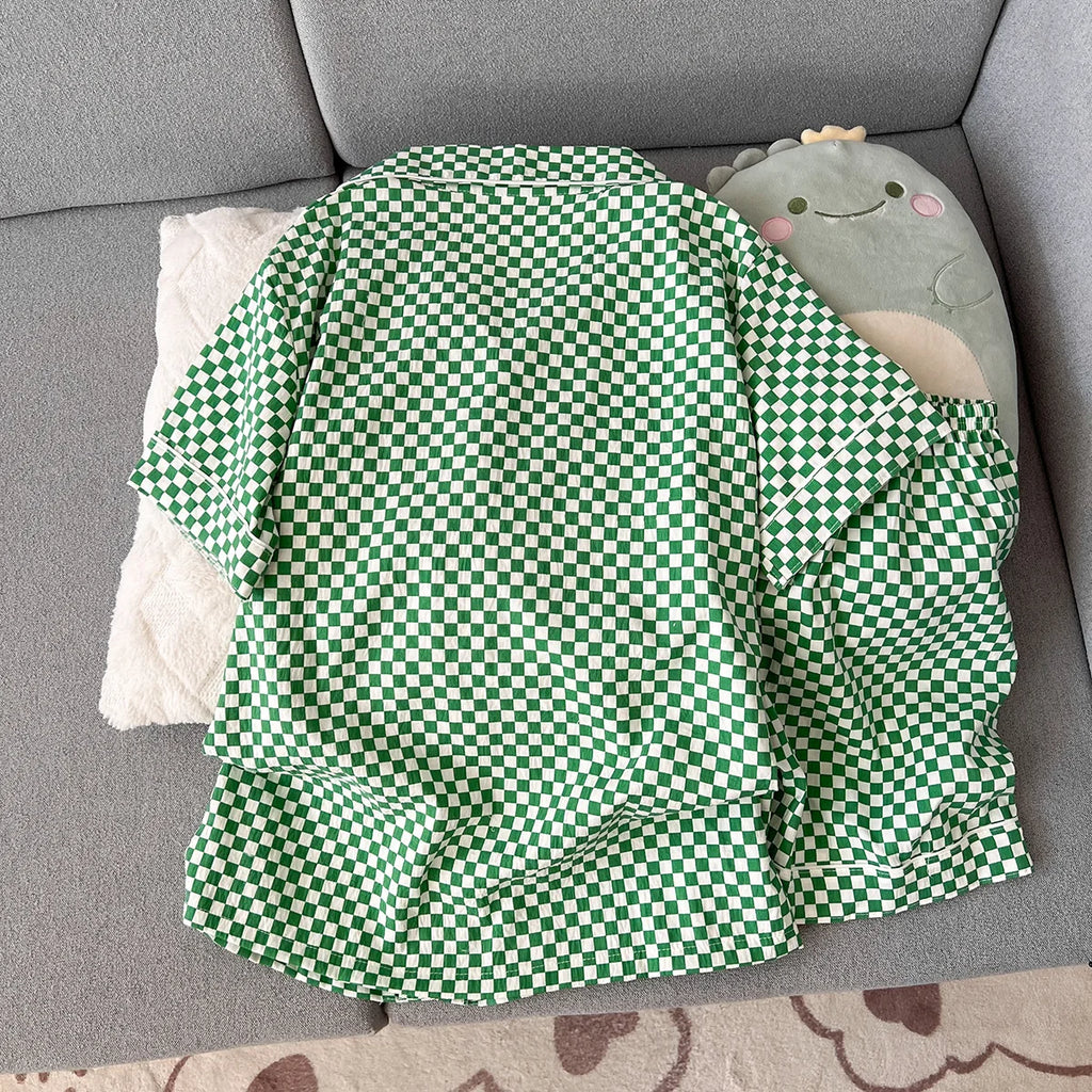 Women's Summer Pajamas, Thin Plaid Pattern Short-Sleeved Shorts, Sweet and Cute, Can Be Worn Outside in Summer, Two-Piece Home Wear Set