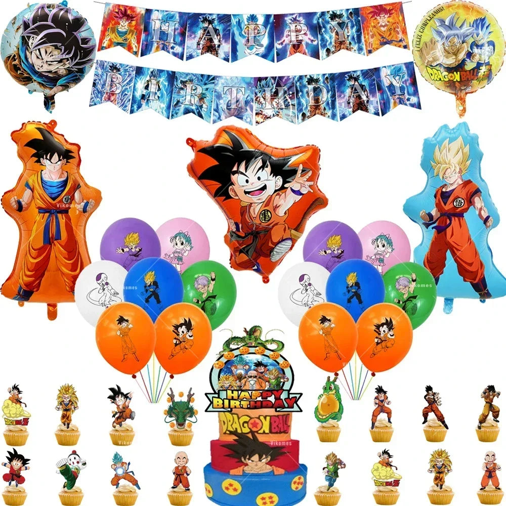 Dragoned Ball Z Balloons Happy Birthday Banner Goku Vegeta Ballons Party Decoration Plate Disposable Tableware Cake Topper Toy