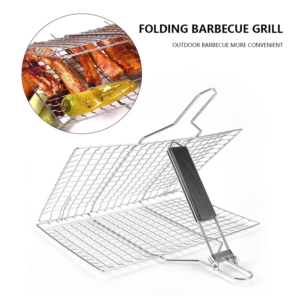 BBQ Grilling Baskets Non Stick Folding Grill Basket Stainless Steel Barbecue Grill Basket for Fish Vegetables Steak Shrimp Chops