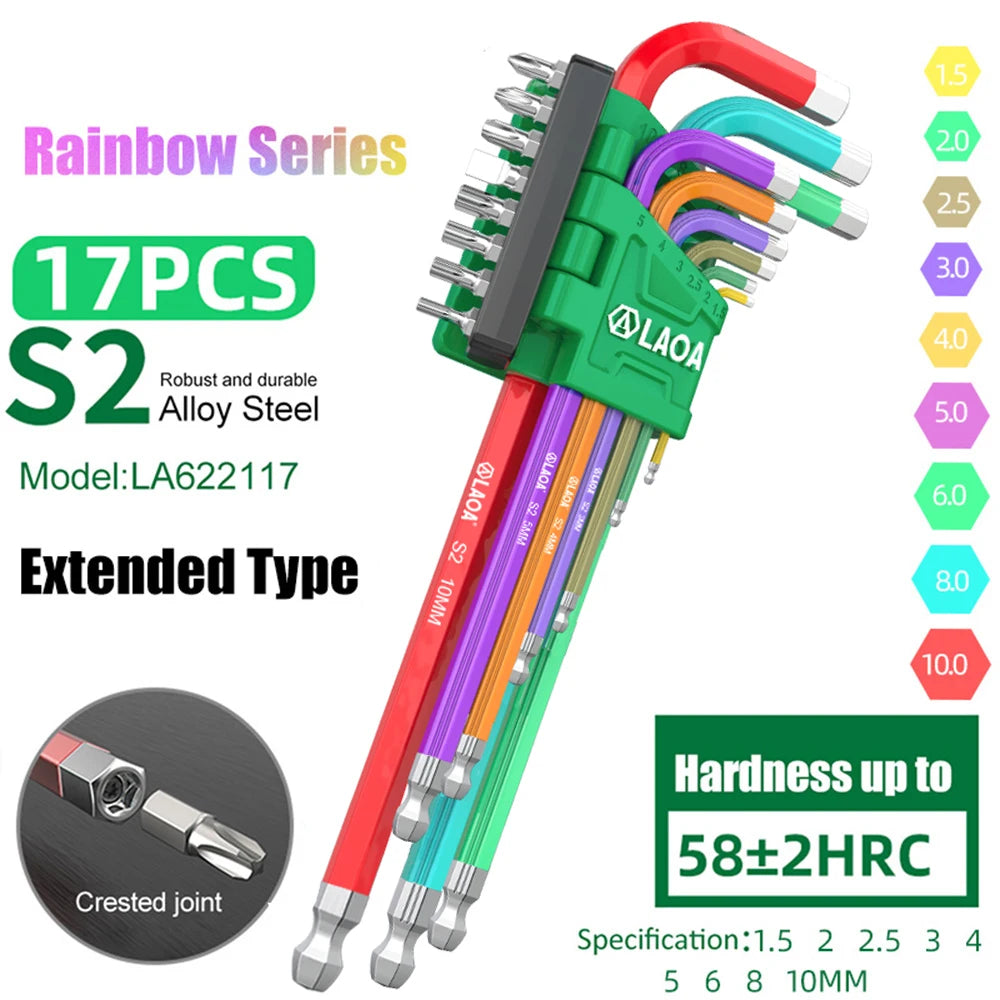 LAOA 9pcs Hexagonal Wrench Hanging Screwdriver With Screwdriver Bits Rainbow Ball Head Hexagonal Hand Tool
