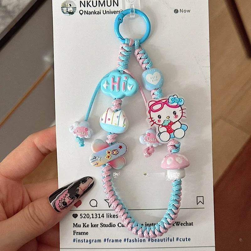 INS Sanrio Hello Kitty Sweet Pink Hand Woven Phone Case Wrist Strap Bead Keychain Bag Decor Pendant for Girl Woman Phone Lanyard