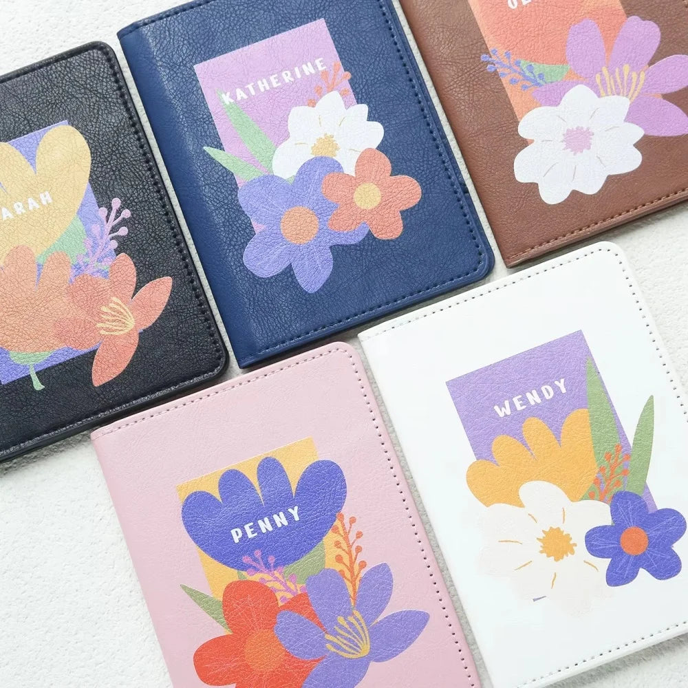 Personalized Floral Print Vegan Leather Passport Cover With Customized Name, Textured Flower Pattern Passport Holder