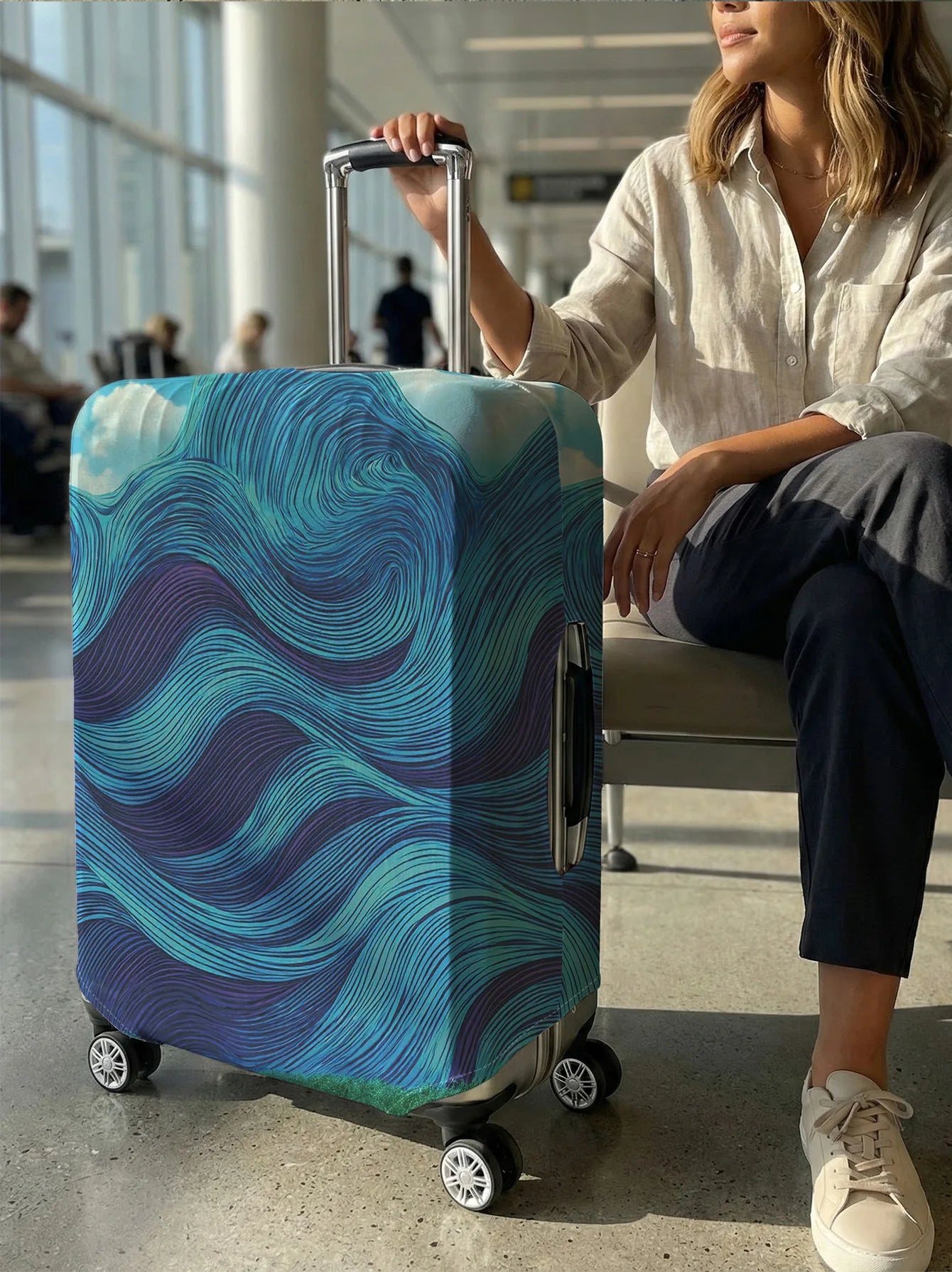 Blue purple wavy line luggage protection cover, suitable for 18-32 inch luggage covers, luggage handle gloves, travel accessorie