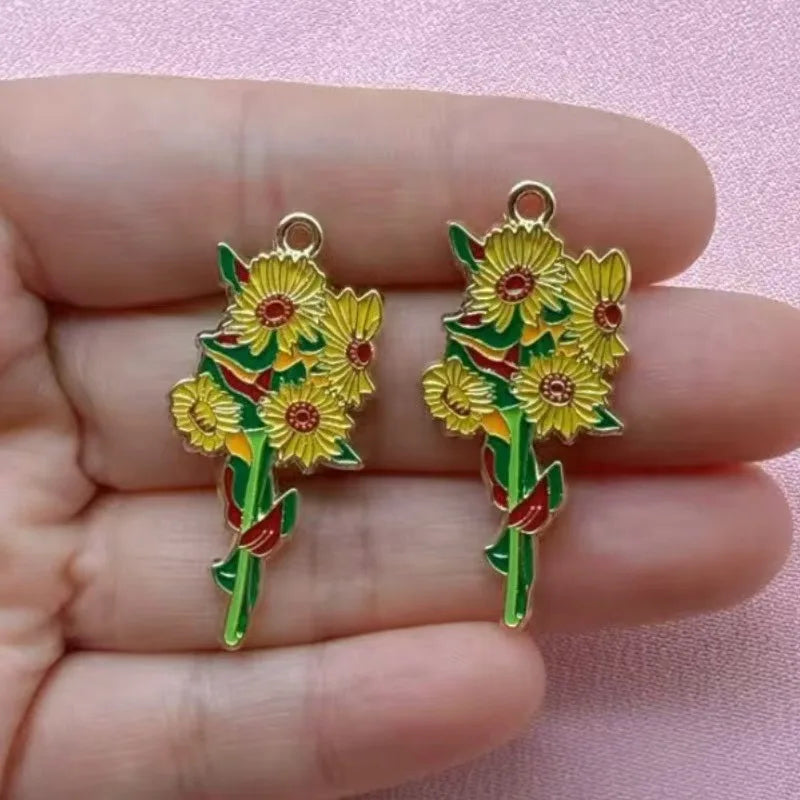 10pcs Van Gogh Sunflowers Iris Plants Flower Keychain Pendant Alloy Jewelry Accessories Necklace Earrings Pendant