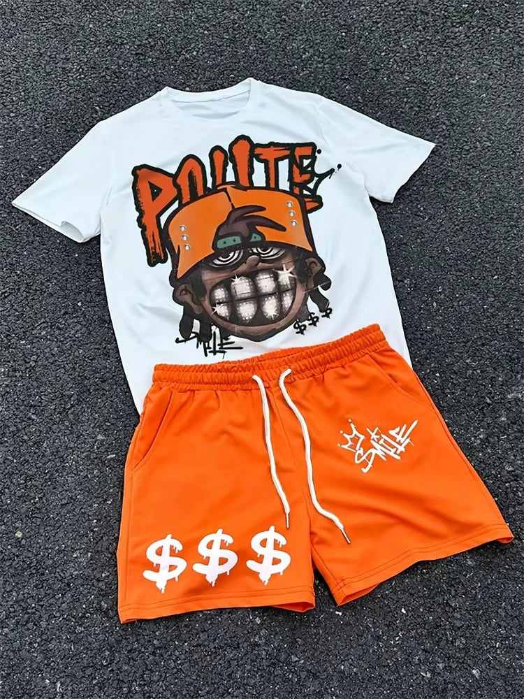 Summer Fashion American Hip-hop Style Men's O-neck Top And Casual Shorts, 3D Print Street Fashion Trend Men's 2pcs Set