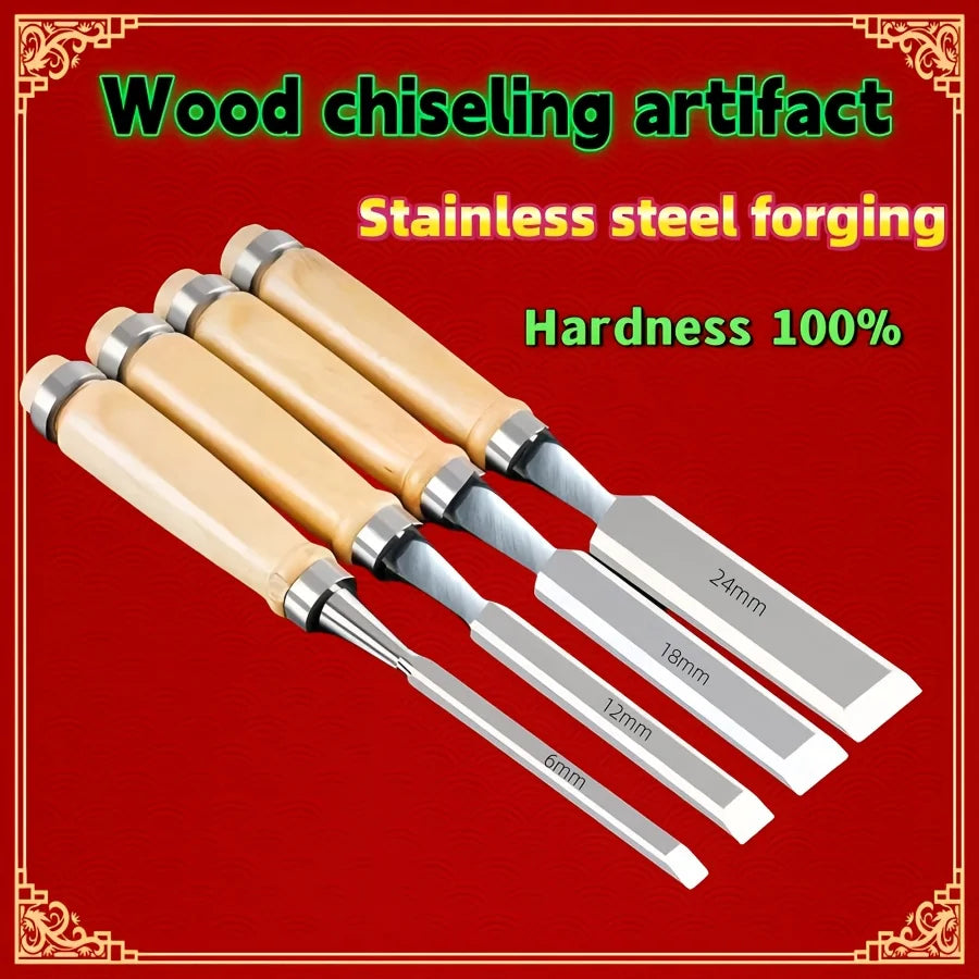 4pcs Professional Woodworking Chisel Set - 6-24mm Beveled Blades, Chrome Vanadium Steel, Solid Wood Handle