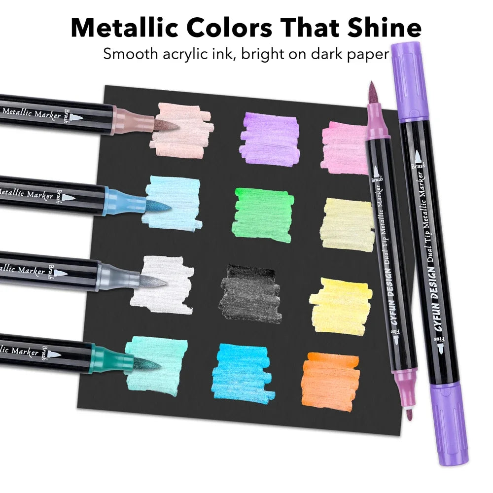 Dual-Tip Metallic Acrylic Markers 2 in1 Fine&Brush Tip Paint Pen for Black Paper,Rock Painting,Glass Craft,Card Making Scrapbook