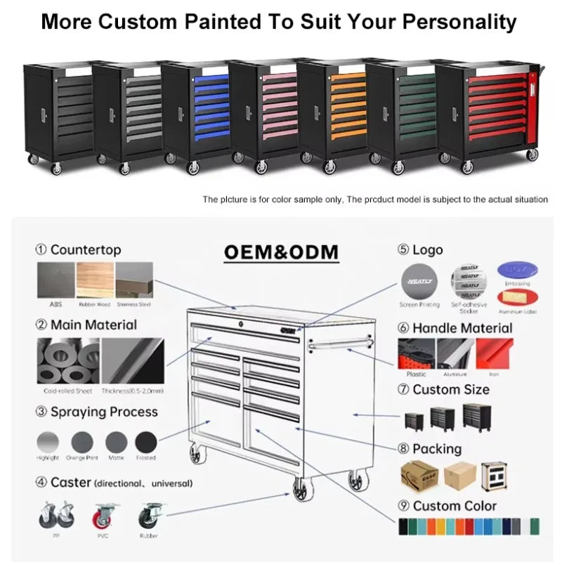 High Quality OEM 7 Drawer Cold-Rolled Steel Tool Cabinet Workshop Garage Tool Trolley With Handle And Wheels