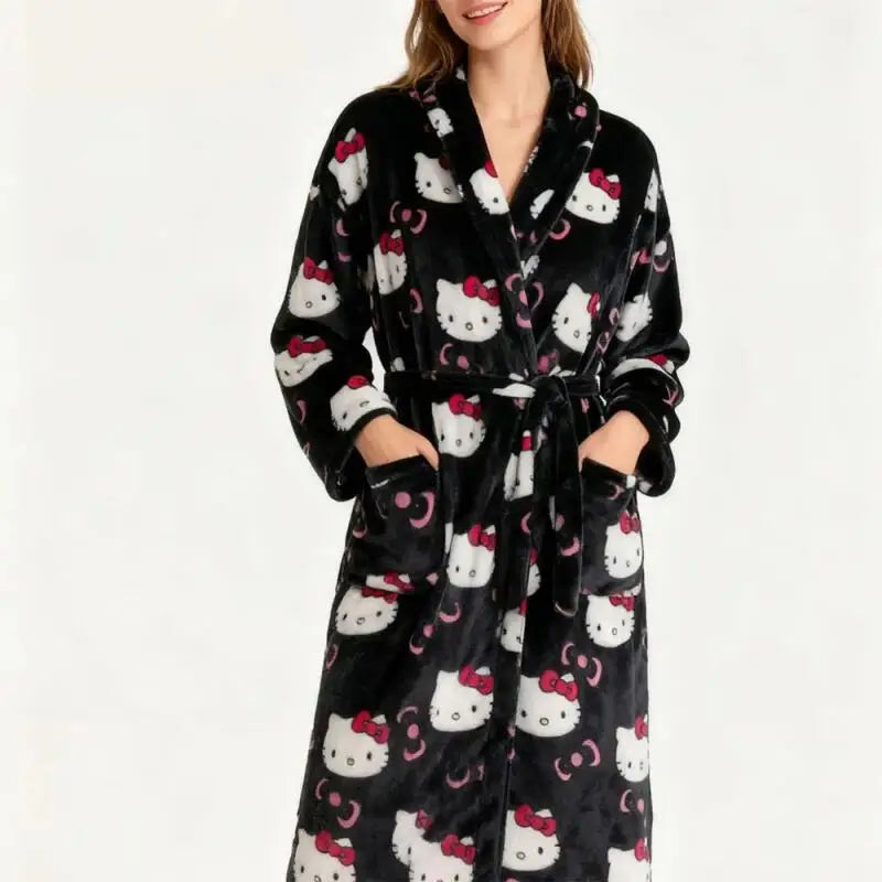 Nightgown Anime Hello Kitty 2026Bathrobe Flannel Thickened Pajamas Women's Home Clothes Winter Warm Pajamas Girls' Nightgown