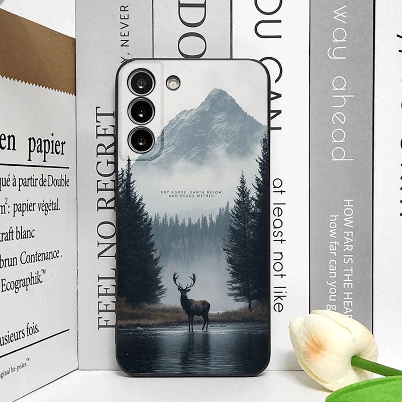 Vintage Forest Landscape Snow Mountain Scenery Phone Case for Samsung Galaxy S25 S24+ S23 Ultra S22Plus S20 S21 FE M53 M34 Cover