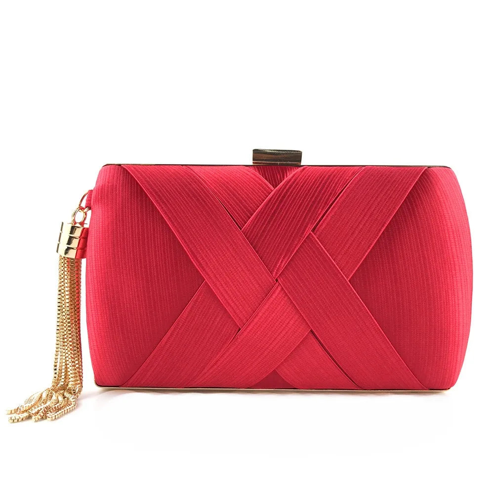 Casual Luxury Silk Fabric Dinner Handbag Tassel Chain Evening Banquet Bag Hand Hold Square Bridal Clutch Bag Wedding