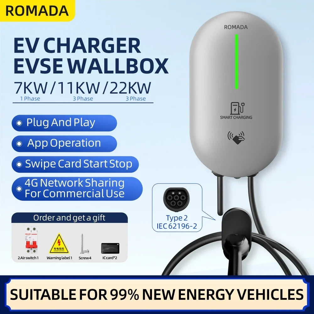 ROMADA EV Charger IEC62196 Type2 EVSE Wallbox 32A 7 KW 1Phase Adapter Bluetooth APP Control for Electric Vehicle Car With CE