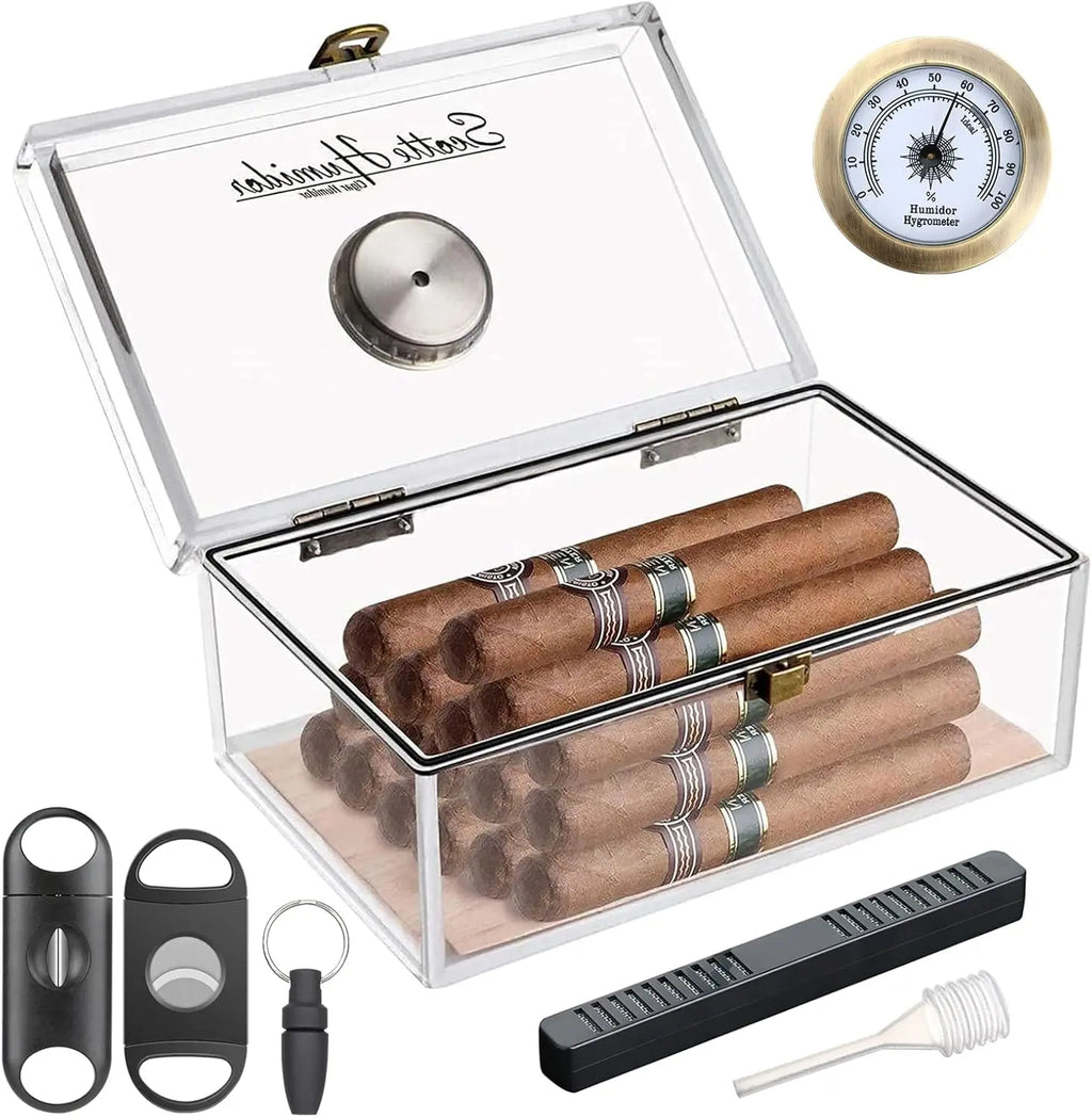 Acrylic Humidor - Cigar Box With Hygrometer, Humidifier & Accessories, Holds 20 Cigars