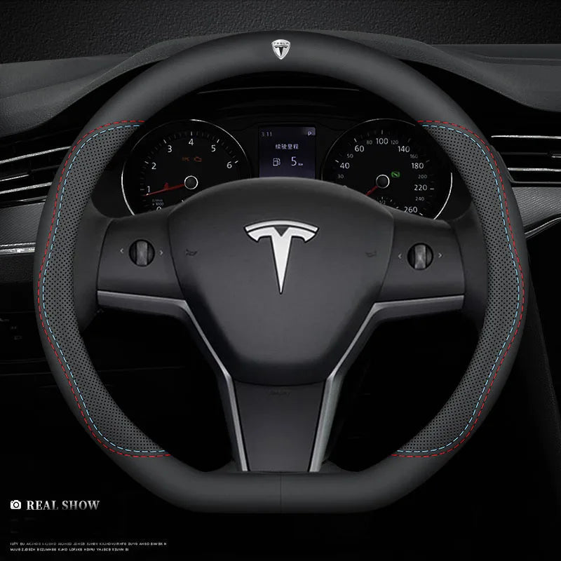 For Tesla Model 3 Model Y Model S Model X Roadster Leather Anti-slip Breathable Car Steering Wheel Cover Auto Accessories
