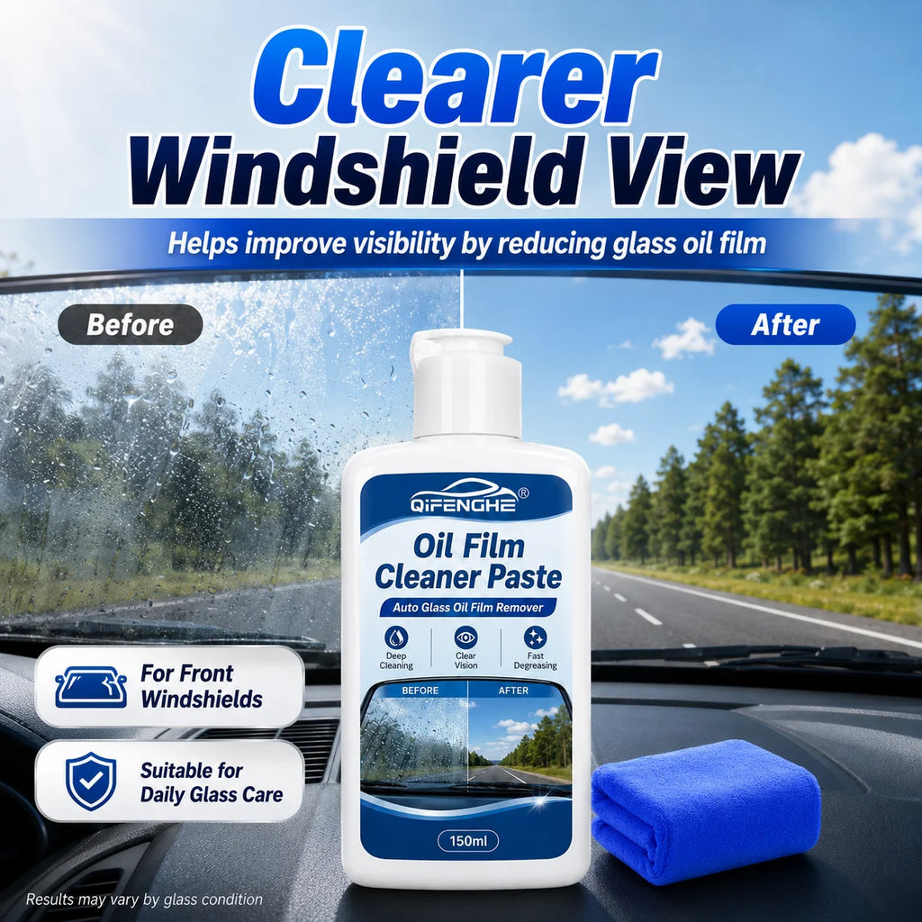 Car Windshield Oil Film Cleaner Paste 150ml QIFENGHE Auto Glass Oil Film Remover Deep Degreasing Clear View with Cleaning Towel